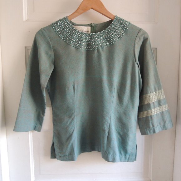 Tarsian & Blinkley Green 100% Raw Silk Beaded Afghan Top S - Picture 7 of 11